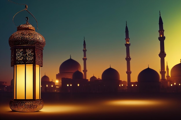 Illustrazione 3d di lanterna araba con candela accesa di notte Ramadan mese santo musulmano