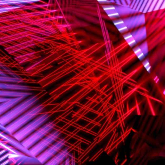 Illustrazione 3d di linee illuminate rosse e rosa sovrapposte su sfondo nero sfocato