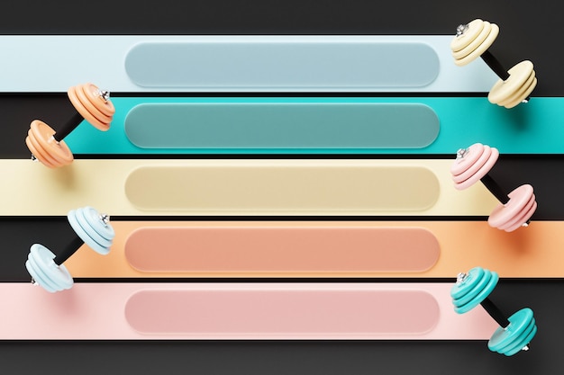Illustrazione 3D di manubri multicolori su strisce bianche per il vostro disegno su uno sfondo nero attrezzature per il fitness e lo sport