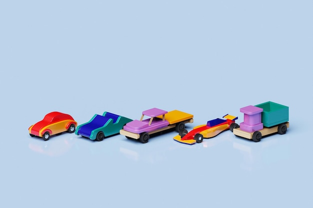 Illustrazione 3D di modelle di auto per bambini carini, cabriolet, pick-up, camion, gru, vigili del fuoco, camion di scarico su uno sfondo blu, illustrazione di modelli in stile cartone animato