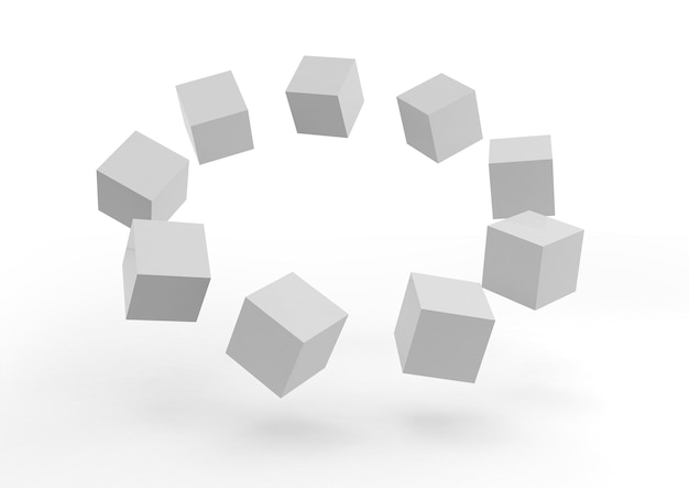 Illustrazione 3D di molti cubi vuoti in prospettiva su uno sfondo bianco
