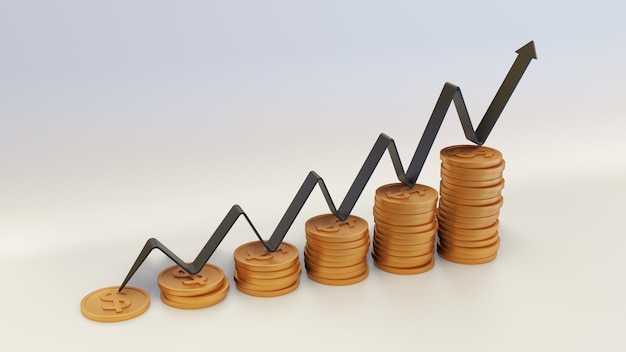 Illustrazione 3d di monete d'oro e diagramma a freccia in salita