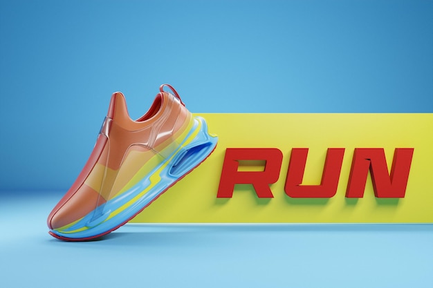 Illustrazione 3D di nuove scarpe da ginnastica sportive colorate su un'enorme suola di schiuma colorata su uno sfondo viola isolato scarpe da Ginnastica con la frase run Scarpe da ginning alla moda