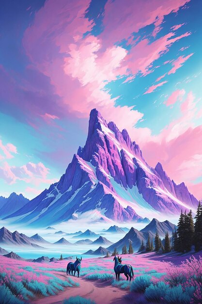 Illustrazione 3D di paesaggi fantastici cime di montagne al tramonto
