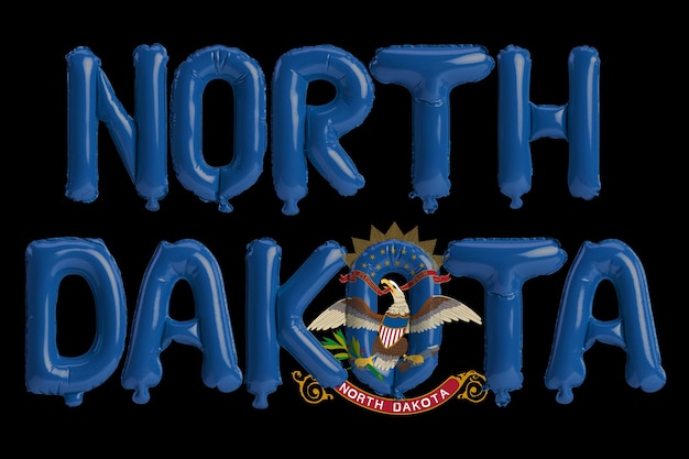 Illustrazione 3d di palloncini con lettere del nord dakota con colori della bandiera di stato isolati su sfondo nero