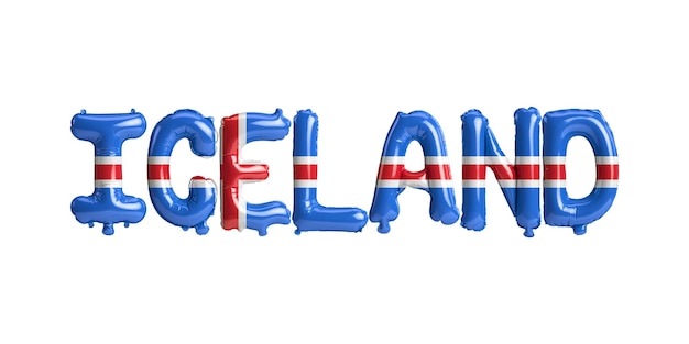 Illustrazione 3d di palloncini Icelandletter con bandiere colorate isolate su bianco