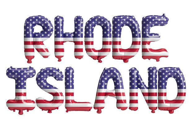 Illustrazione 3d di palloncini rhode islandletter con bandiera usa isolati su sfondo bianco