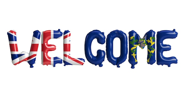 Illustrazione 3d di palloncini Welcomeletter Isole Pitcairn in bandiera isolata su sfondo bianco