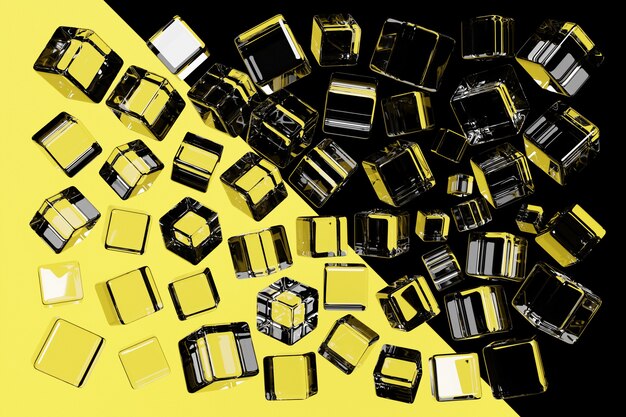 Illustrazione 3D di quadrati trasparenti. Set di cubi su sfondo nero e giallo, motivo. Sfondo di geometria