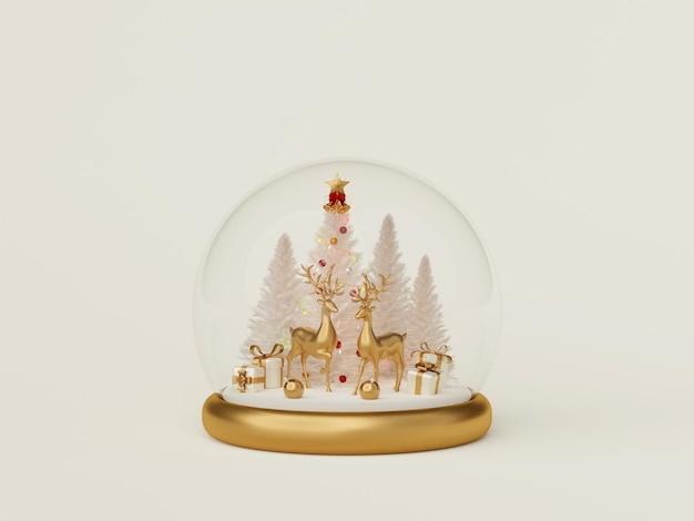 Illustrazione 3d di renne con albero di Natale e confezione regalo nel globo di neve