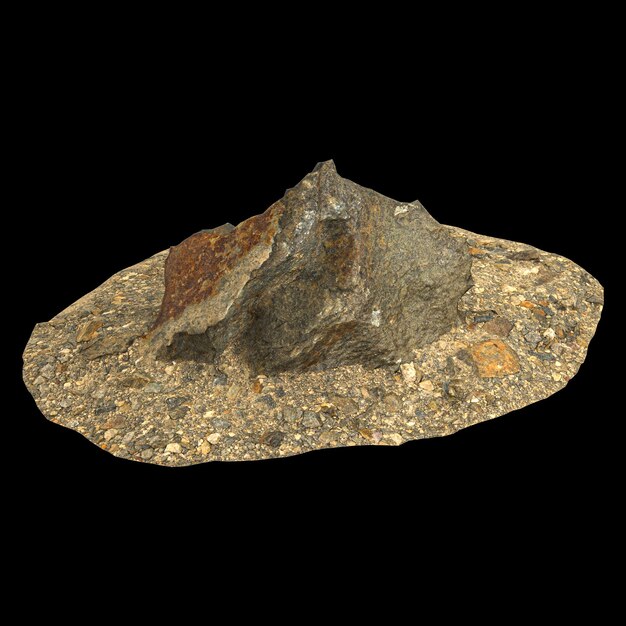 Illustrazione 3D di rocce su piattaforma di ghiaia isolate su sfondo nero