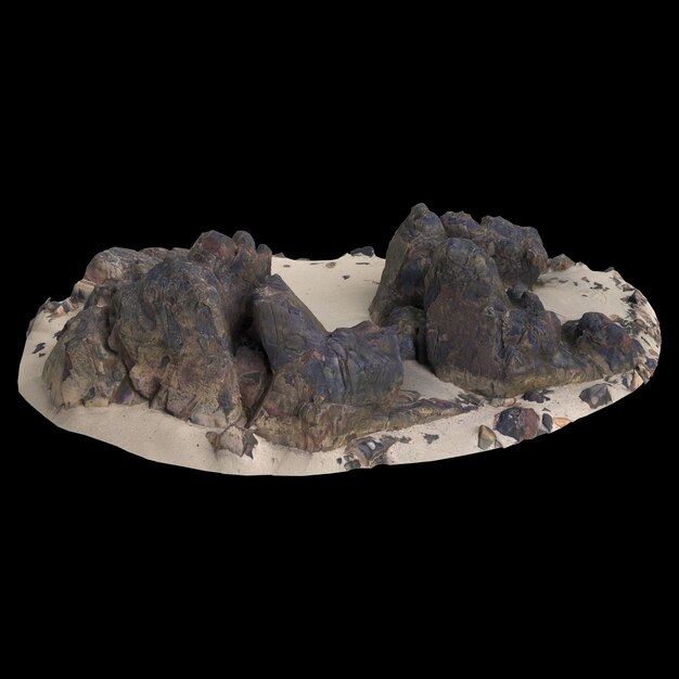 Illustrazione 3D di rocce su piattaforma di sabbia isolata su sfondo nero