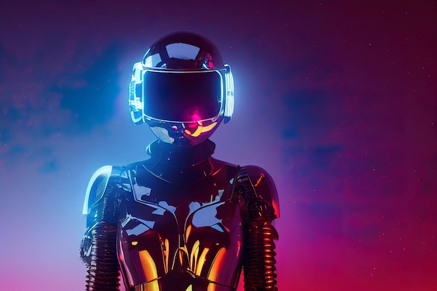 Illustrazione 3d di scifi cyborg femmina in armatura di metallo nero lucido con casco