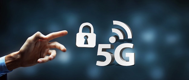 Illustrazione 3D di sicurezza Internet con blocco password 5G