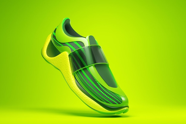 Illustrazione 3d di sneaker verde brillante con suole in schiuma e chiusura sotto il colore al neon su sfondo verde. Vista laterale delle scarpe da ginnastica. Scarpe da ginnastica alla moda.