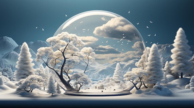 Illustrazione 3D di Snow Globe Serenity con copertura di neve bianca