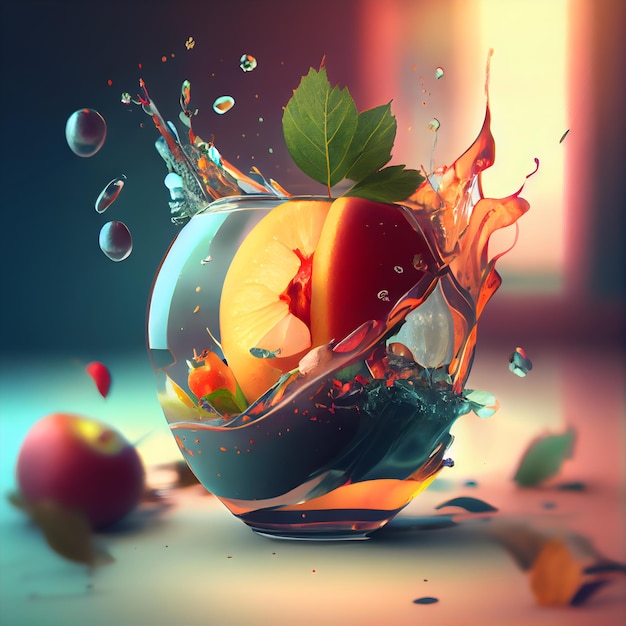 Illustrazione 3D di spruzzi d'acqua di frutta Sfondo astratto