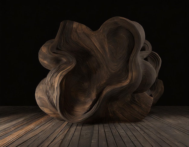 Illustrazione 3D di superficie in legno con sfondo nero e onde rendering 3D