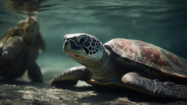 Illustrazione 3D di tartarughe nel mare limpido