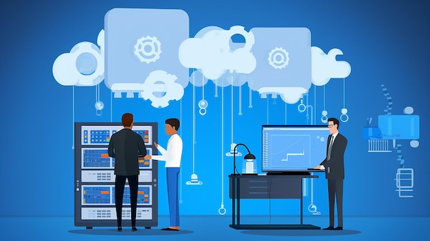 Illustrazione 3D di tecnologia aziendale vettoriale flat, archiviazione e cloud