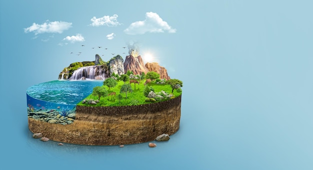 Illustrazione 3d di terra isometrica con bellissimo oceano blu e foresta verde con alberi, modello.