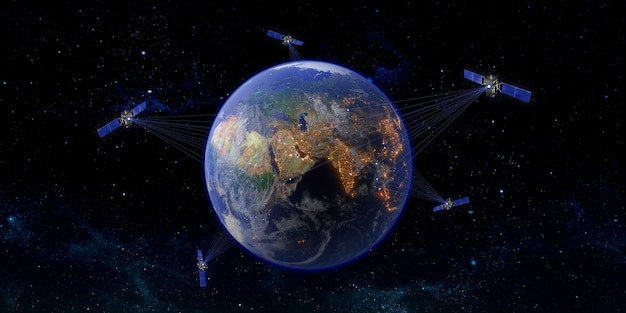 Illustrazione 3D di trasmissione satellitare mondiale del satellite di comunicazione