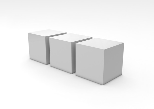 Illustrazione 3D di tre cubi bianchi in prospettiva su uno sfondo bianco