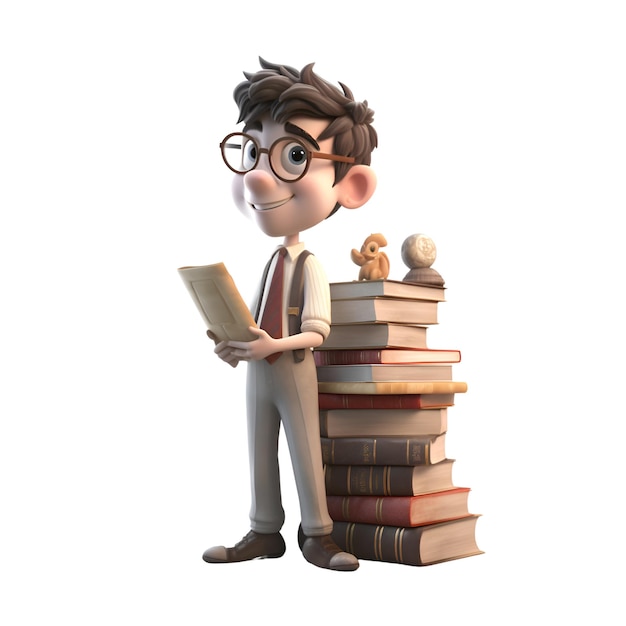 Illustrazione 3D di un adolescente con libri e orsacchiotto