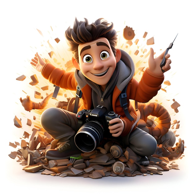 Illustrazione 3D di un adolescente con una telecamera seduto su un mucchio di pietre