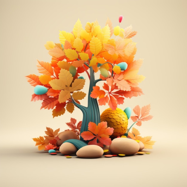 Illustrazione 3d di un albero autunnale con foglie colorate