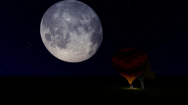 Illustrazione 3D di un albero su uno sfondo di luna piena Palloncino di notte Notte stellata Rendering 3D