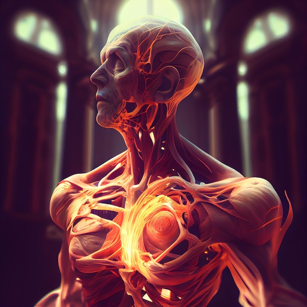 Illustrazione 3D di un'anatomia maschile con cervello visibile e sistema circolatorio