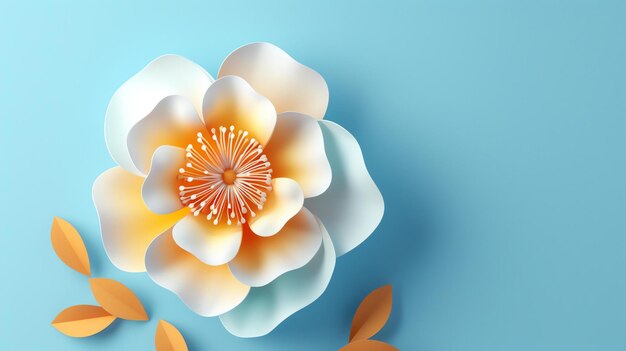 Illustrazione 3D di un bellissimo fiore in piena fioritura su uno sfondo blu solido