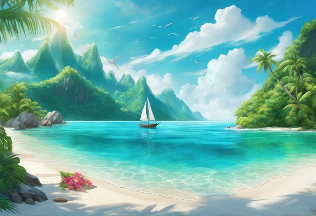 Illustrazione 3D di un bellissimo sfondo tropicale Illustrazioni 3D di una bellissima schiena tropicale