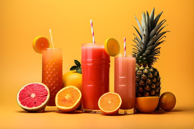 Illustrazione 3D di un bicchiere di succo appena spremuto sullo sfondo di frutta tropicale su uno sfondo arancione generato ai