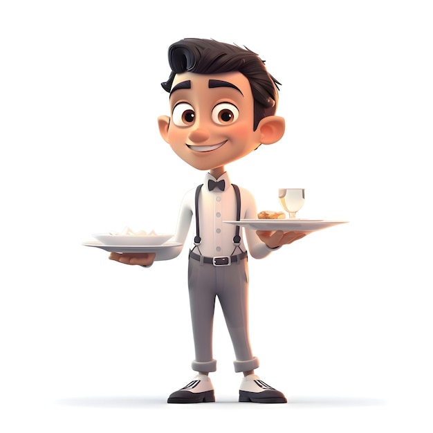 Illustrazione 3D di un cameriere con un piatto e un bicchiere di vino