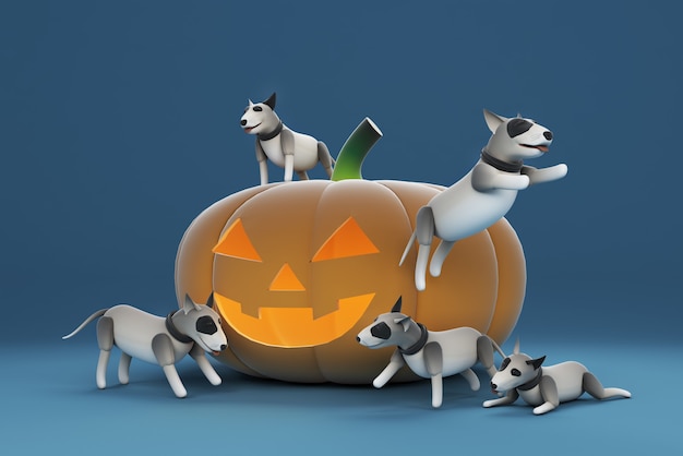 Illustrazione 3D di un cane che gioca una grande zucca