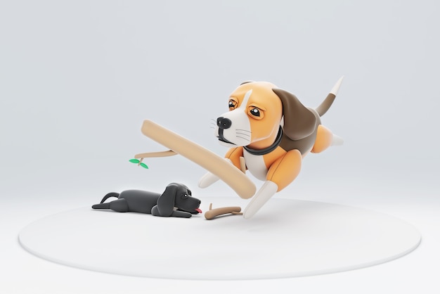 Illustrazione 3D di un cane che insegue un ramo