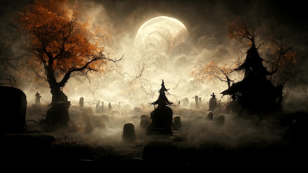 Illustrazione 3D di un concetto di Halloween Sfondo scuro di un castello e un cimitero Sfondo horror