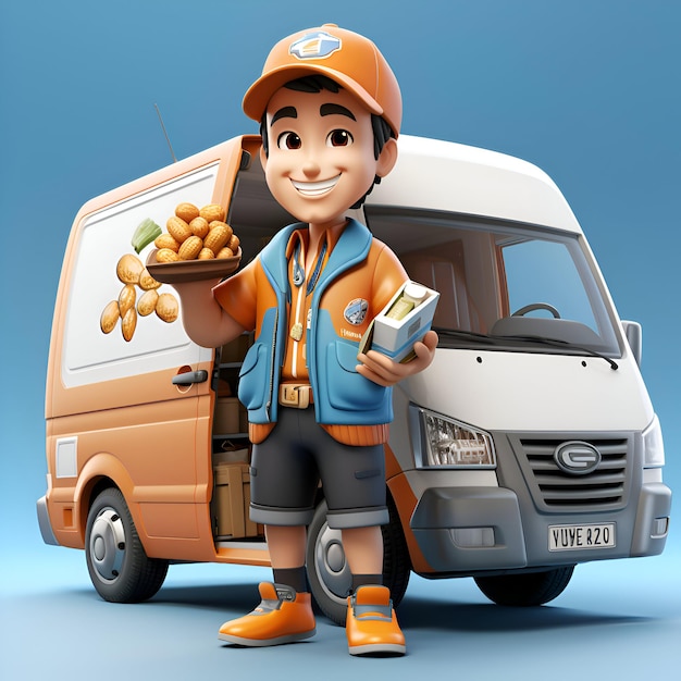 Illustrazione 3D di un consegnatore con un furgone e scatole di cibo