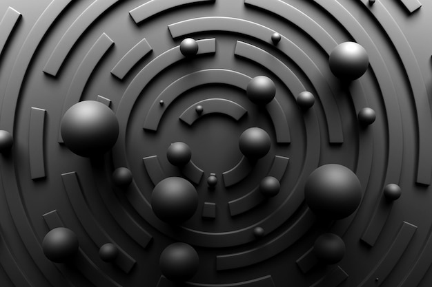 Illustrazione 3d di un corridoio circolare nero - puzzle con le bolle. Labirinto 3D con pareti volumetriche. Fuga dal dungeon o design del livello di puzzle.
