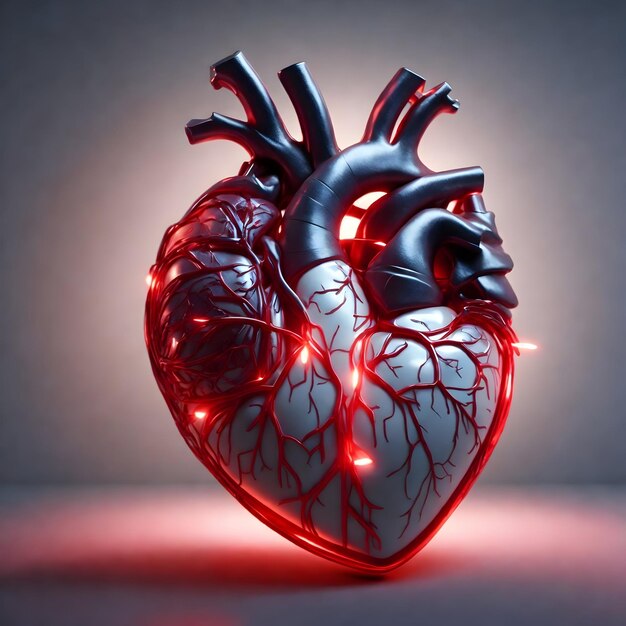 Illustrazione 3D di un cuore umano anatomico con luci