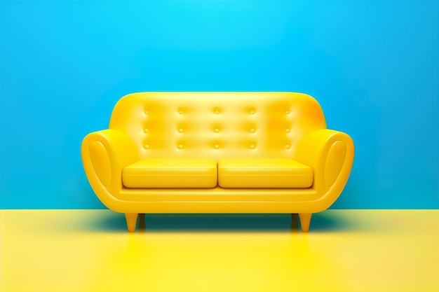 Illustrazione 3D di un divano blu in stile retrò anni '60 su sfondo giallo