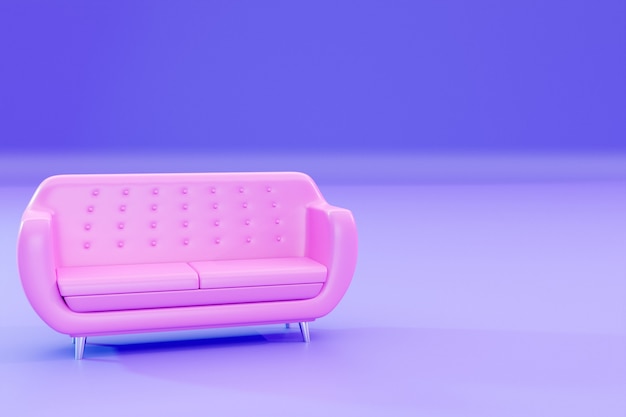 Illustrazione 3d di un divano rosa in stile minimalista su sfondo viola