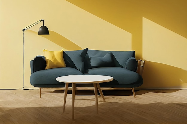 Illustrazione 3d di un elegante divano e parete interni gialli
