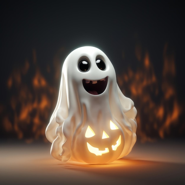 Illustrazione 3d di un fantasma di Halloween con gli occhi luminosi su uno sfondo scuro