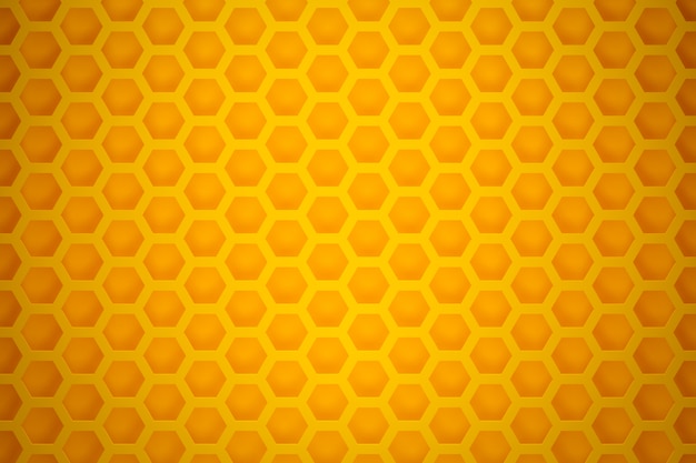 Illustrazione 3d di un favo monocromatico a nido d'ape giallo per miele. Modello di semplici forme geometriche esagonali, sfondo a mosaico.