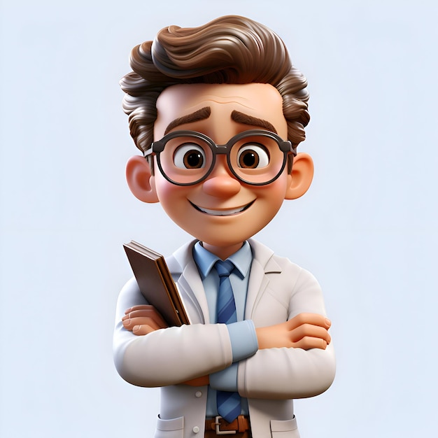 Illustrazione 3D di un giovane uomo d'affari con occhiali e un libro in mano