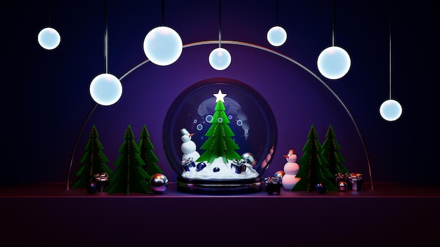 Illustrazione 3D di un globo di neve di vetro con un albero di Natale, regali, pupazzi di neve sotto lanterne magiche di notte. Auguri di Natale. Palla di neve di Natale