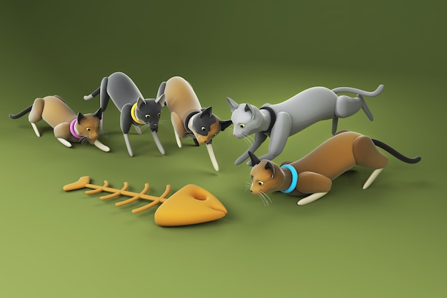 Illustrazione 3D di un gruppo di gatti che fissano la lisca di pesce